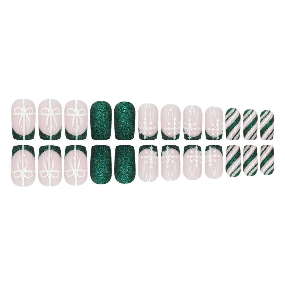 24pcs/Set Christmas Snowflake Glitter Stripes Green French Press-On Nails