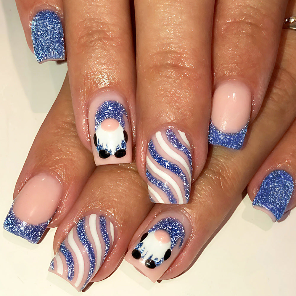 24pcs/Set Christmas Short-Style Santa Blue Glitter French Stripes Press-On Nails