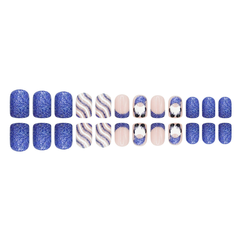 24pcs/Set Christmas Short-Style Santa Blue Glitter French Stripes Press-On Nails
