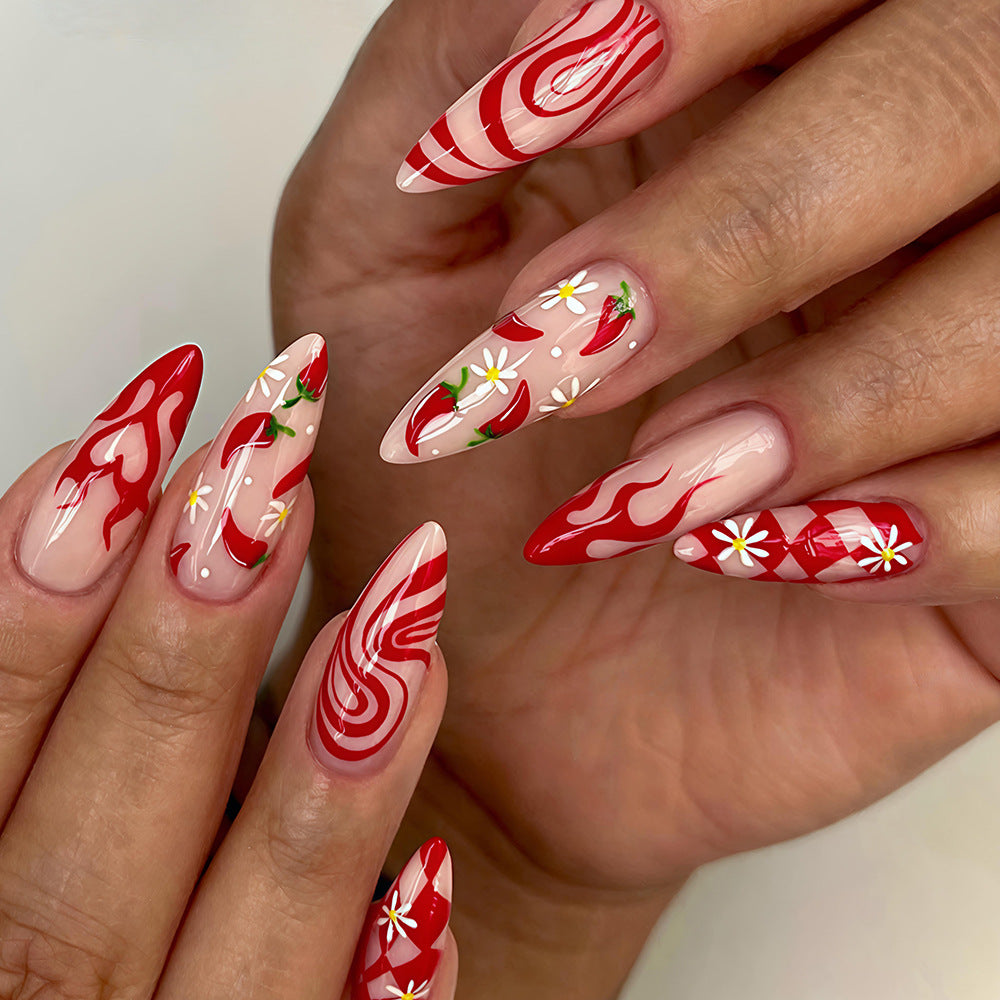 24pcs/Set Long Pointed Floral Flame with Striped Hearts Press-On Nails