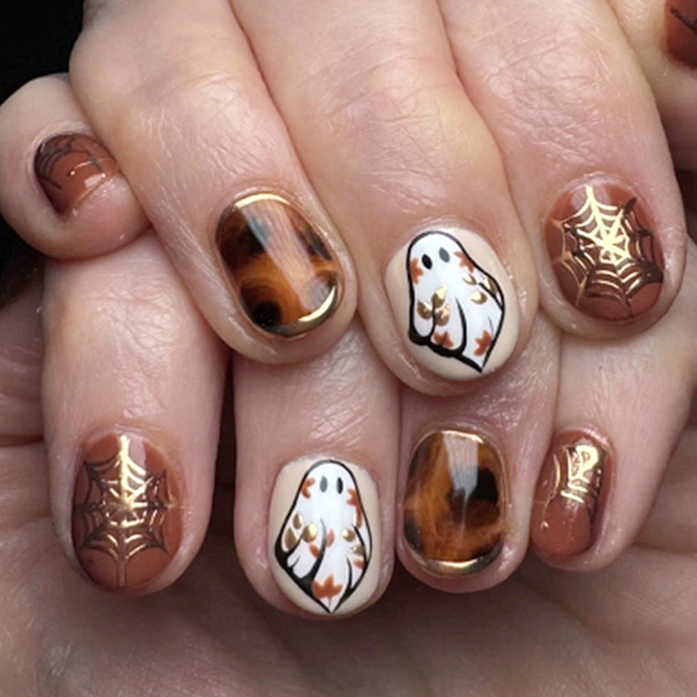 24pcs/Set Spiderweb Ghost Hot-Foil Short Halloween Press-On Nails