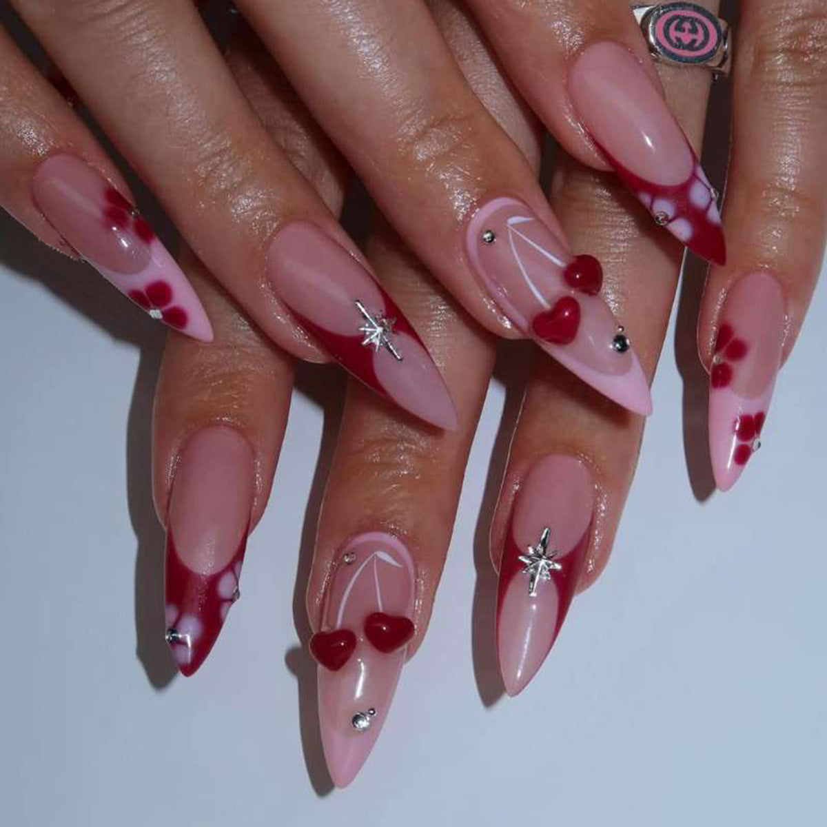 24pcs/Set French Long Pointed Red Cherries Press-On Nails