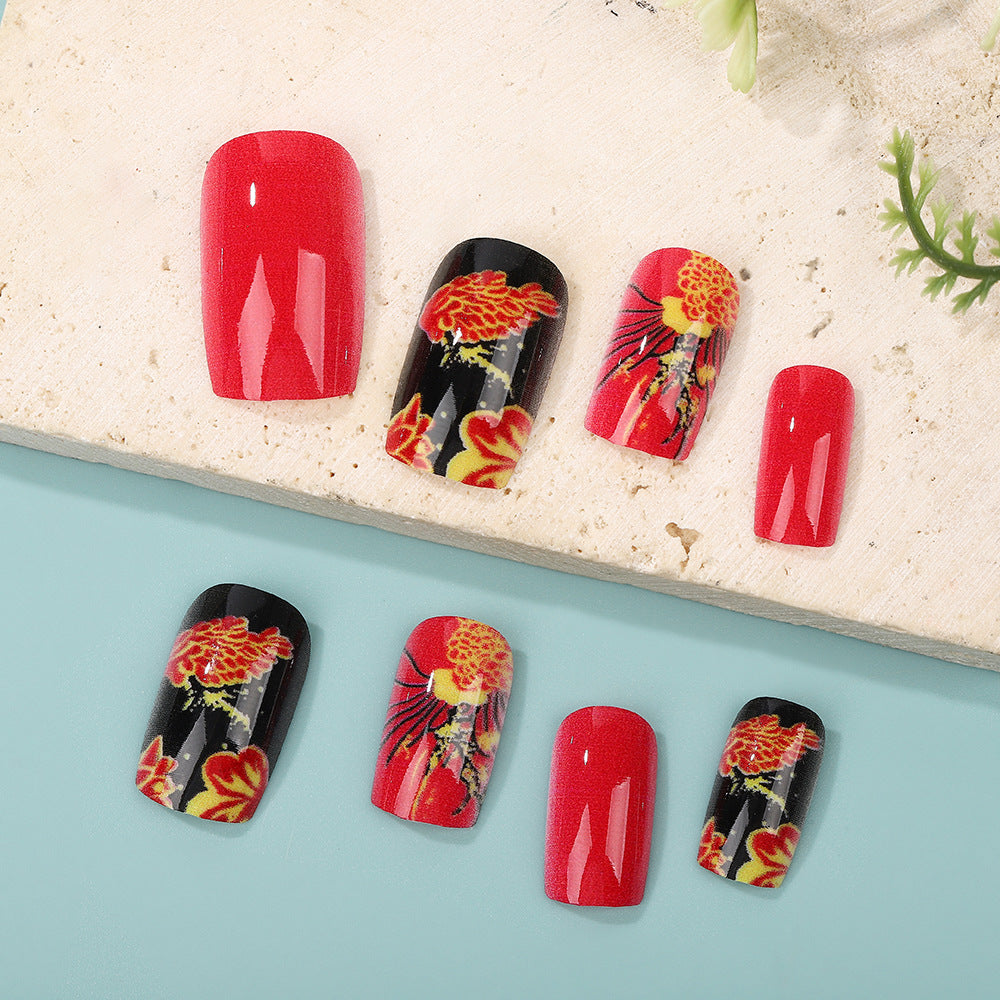 24pcs/Set Red And Black Flowers Press-On Nails