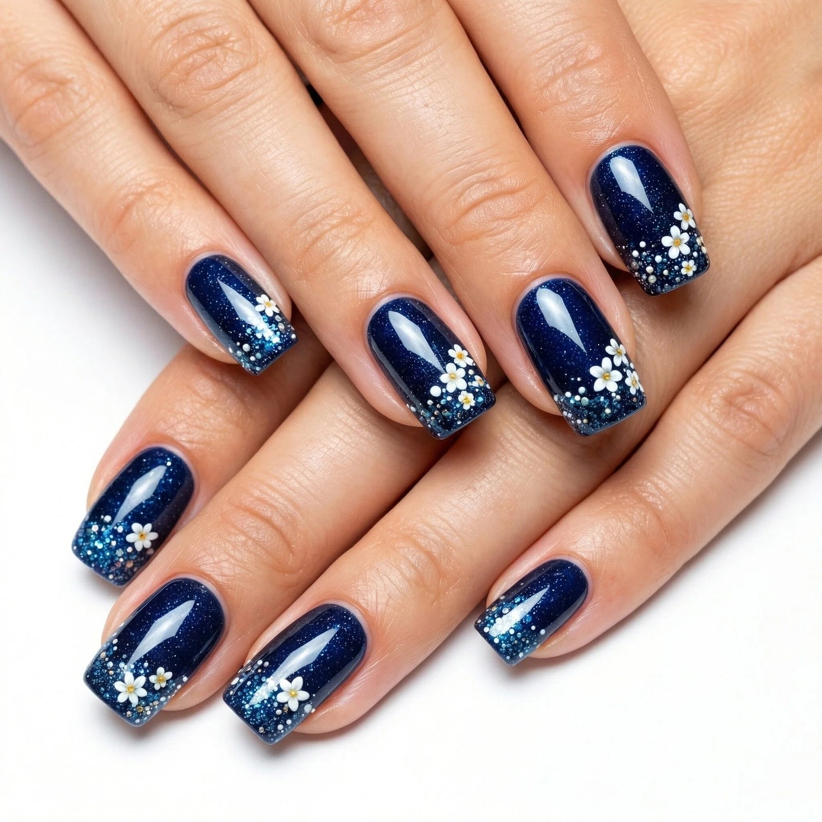 24pcs/Set Dark Blue Polka Dot Flower Press-On Nails