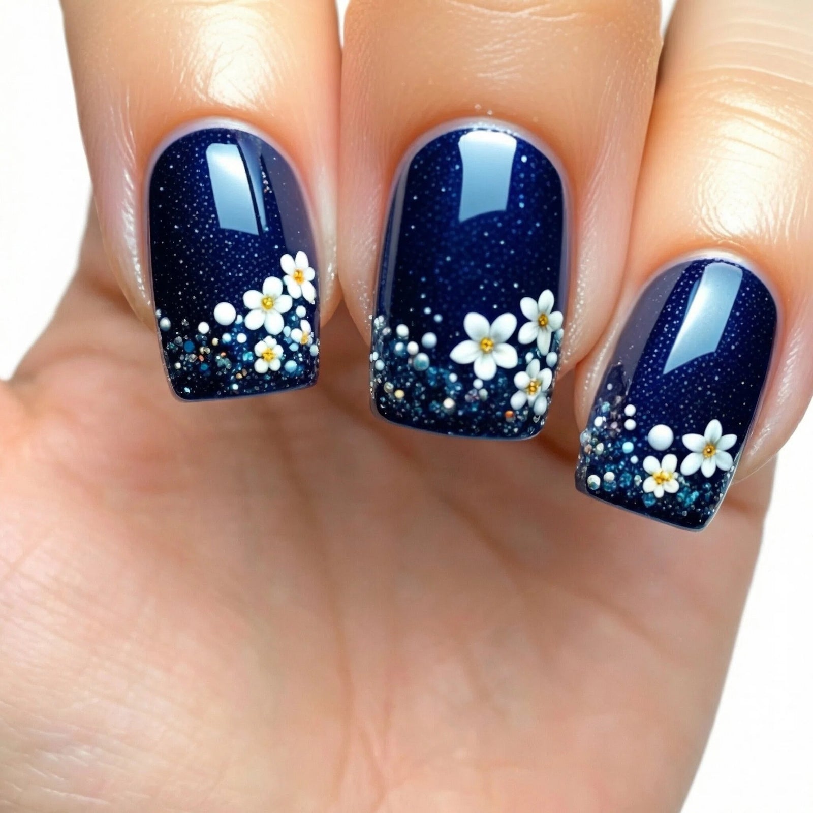24pcs/Set Dark Blue Polka Dot Flower Press-On Nails