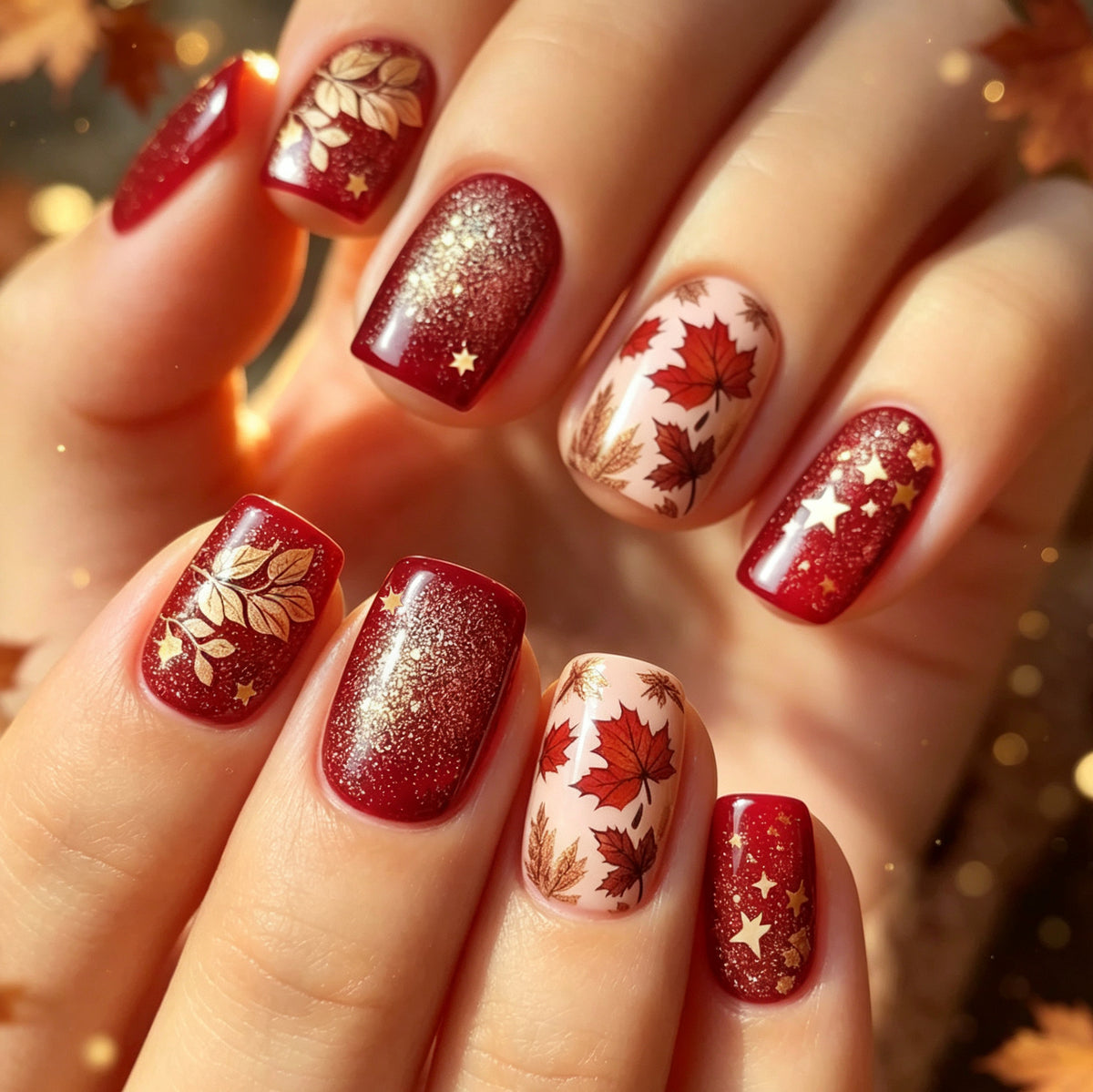 24pcs/Set Dark Maple Leaf Short Press-On Nails