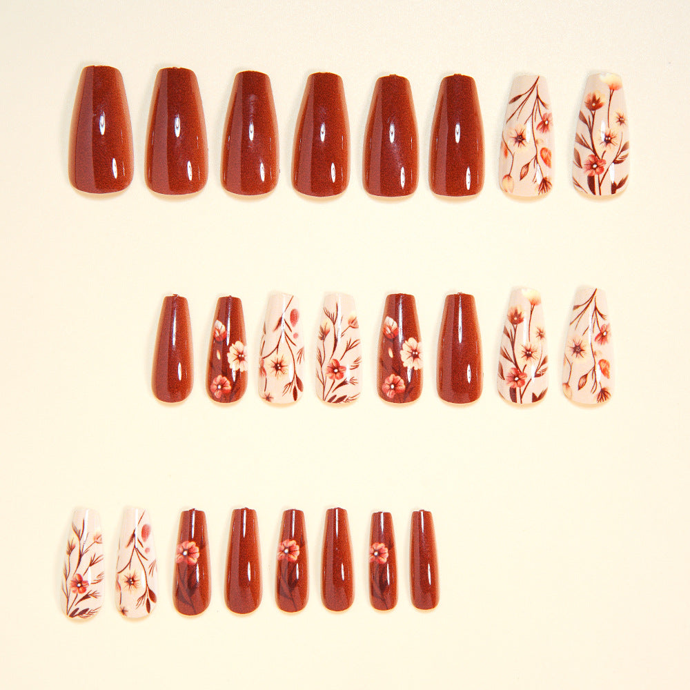 24pcs/Set Mocha Brown Fall/Winter Flowers Press-On Nails