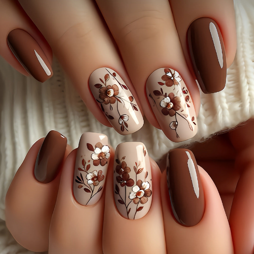 24pcs/Set Autumn Winter Brown Flower Press-On Nails