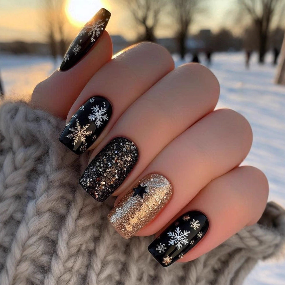 24pcs/Set Dark Glitter Snowflake Press-On Nails