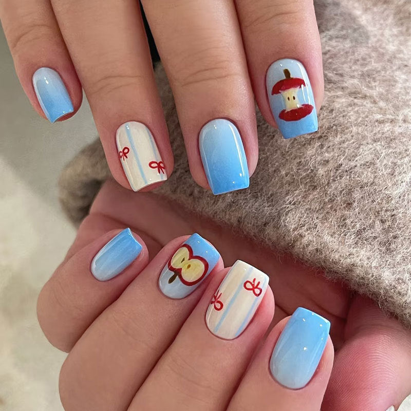 24pcs/Set Short Style Christmas Apple with Blue Ombre Bow Press-On Nails