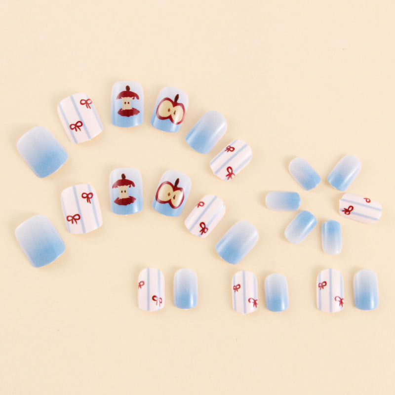 24pcs/Set Short Style Christmas Apple with Blue Ombre Bow Press-On Nails