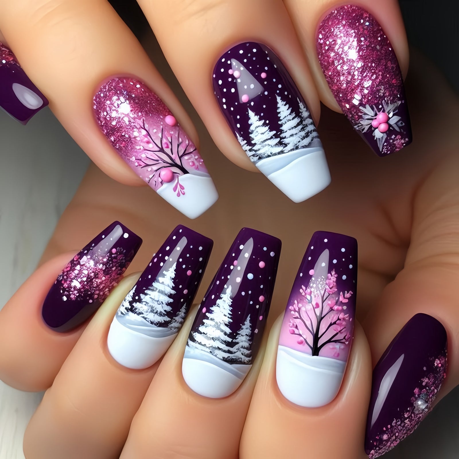 24pcs/Set Christmas Purple Press-On Nails