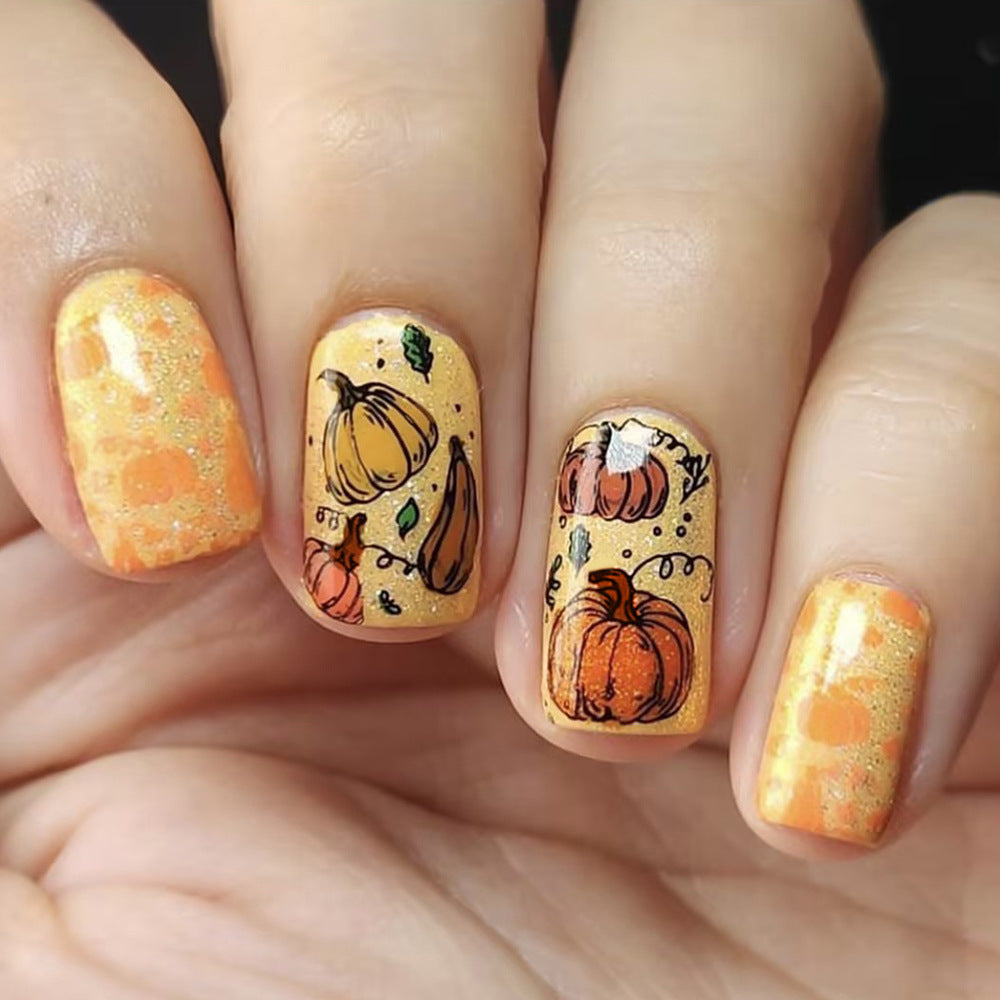 24pcs/Set Thanksgiving Pumpkin Short Press-On Nails