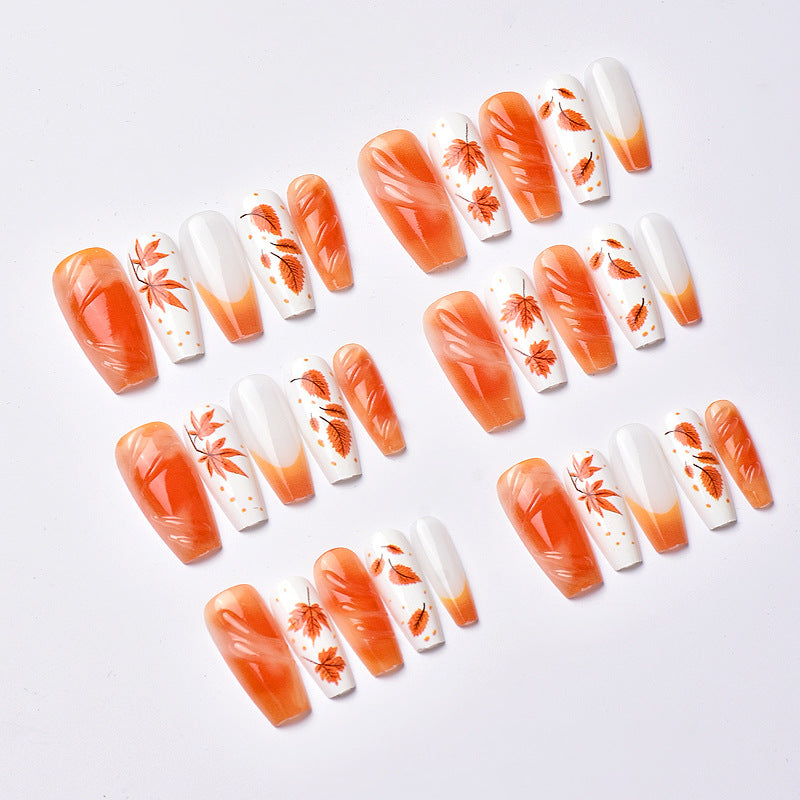 30pcs/Set Autumn-Winter Painted Maple Leaf French Press-On Nails