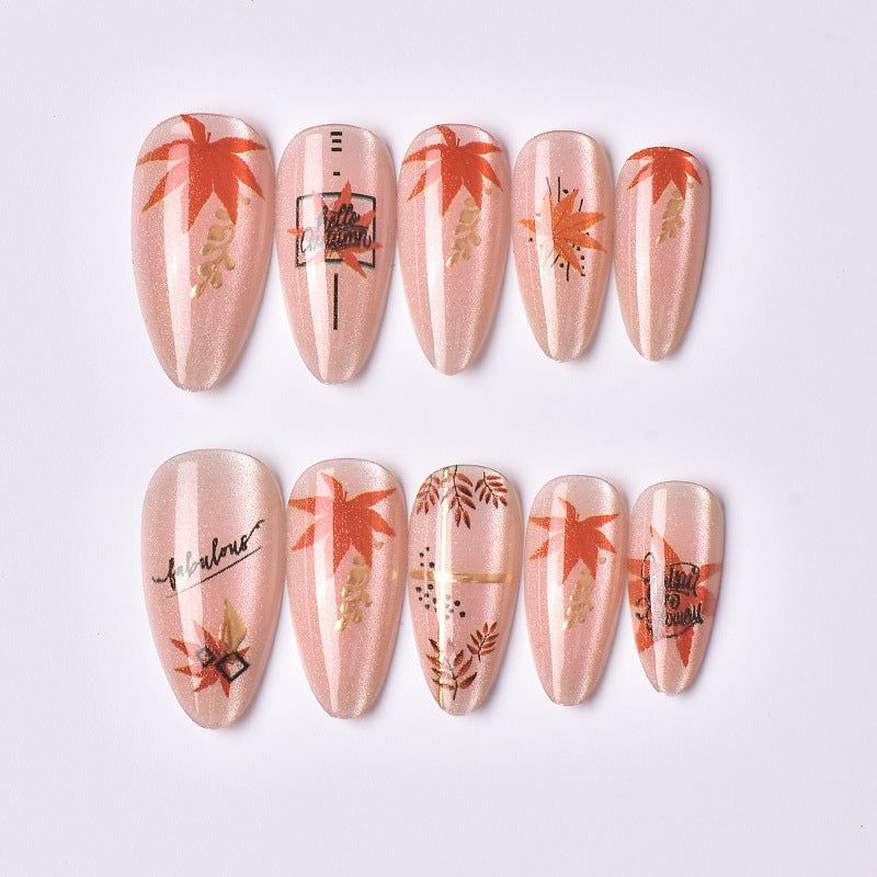 24pcs/Set Cat Eye Painted Gilded Maple Leaf Press-On Nails