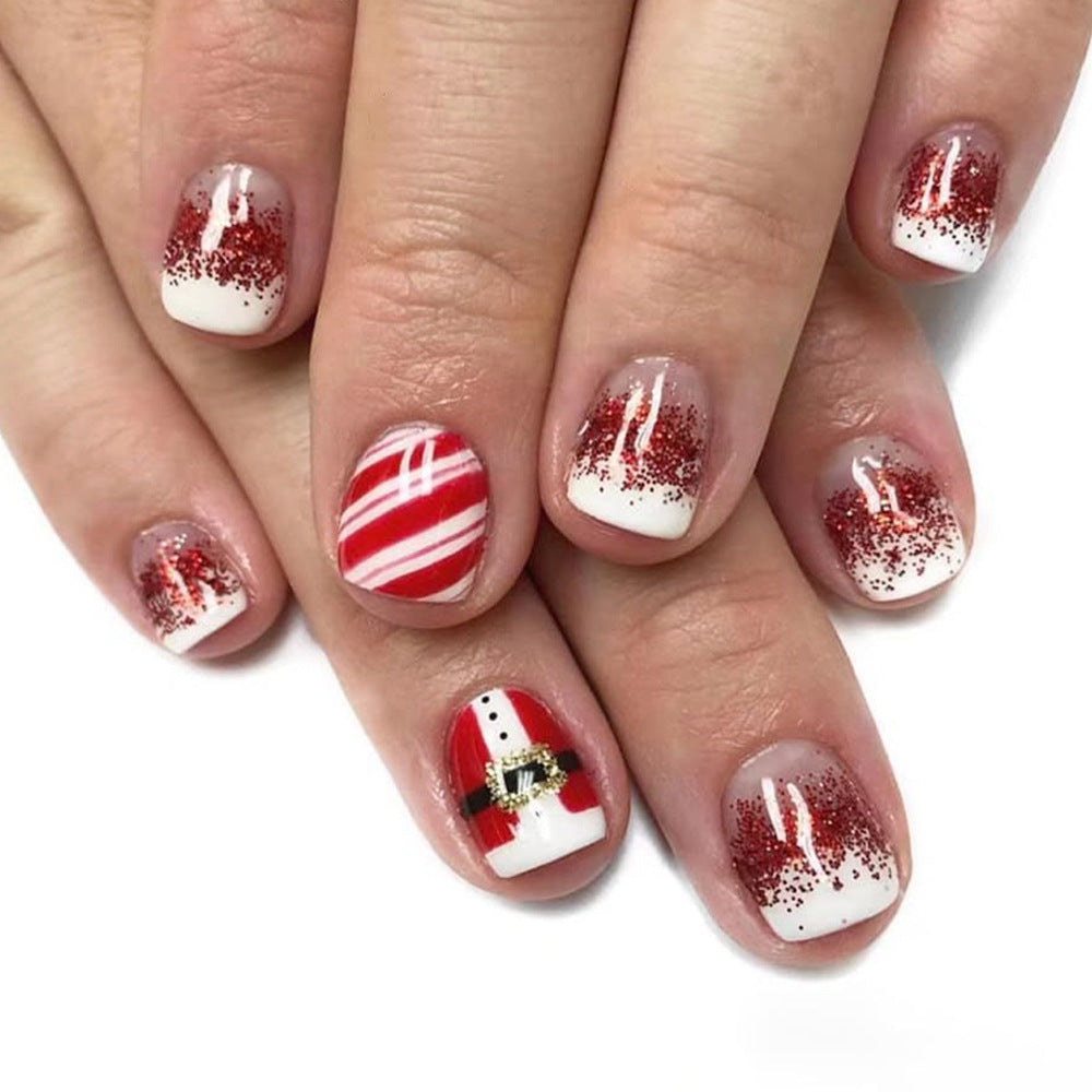 24pcs/Set Short Red Christmas Santa Stripe Press On Nails