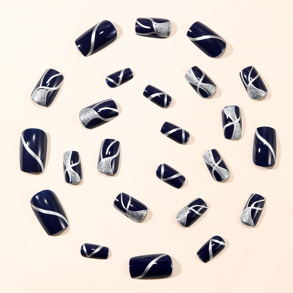 24pcs/Set Navy Blue Irregular Silver Line Glitter Press-On Nails