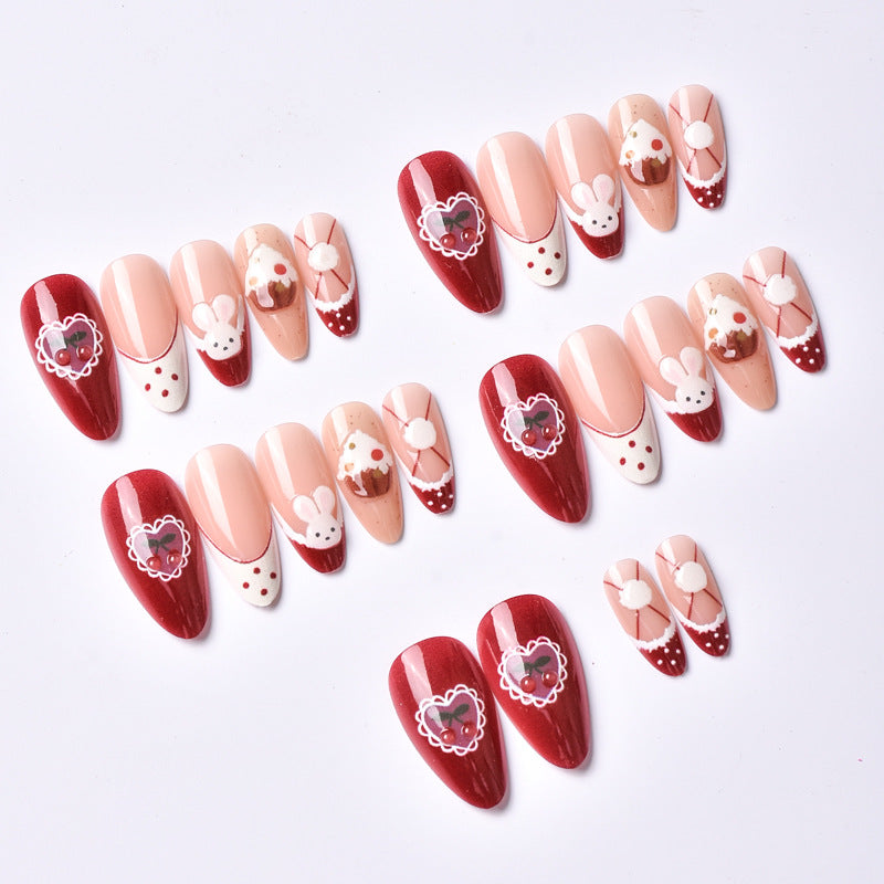 24pcs/Set Christmas 3D Painted Bunny with Cherry Cake French Press-On Nails