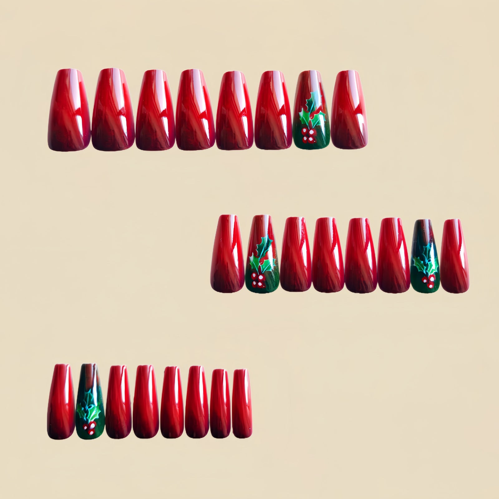 24pcs/Set Christmas Red Series with Holly Berries Press-On Nails