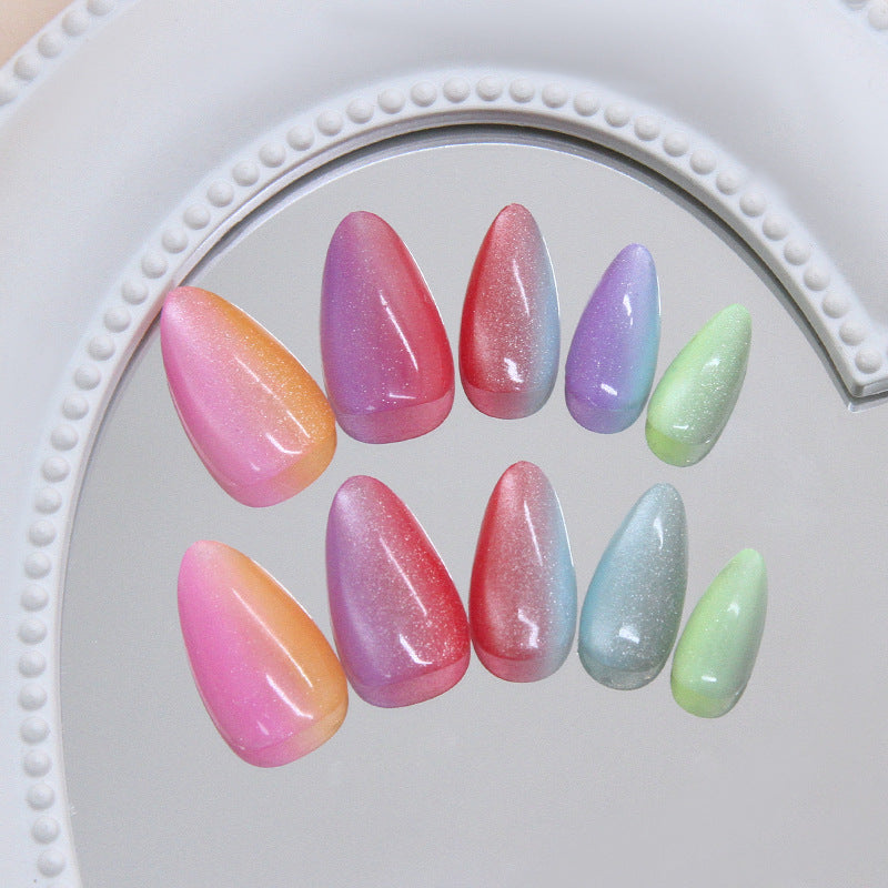 24pcs/Set Cat Eye Dopamine Rainbow Gradient Short Press-On Nails