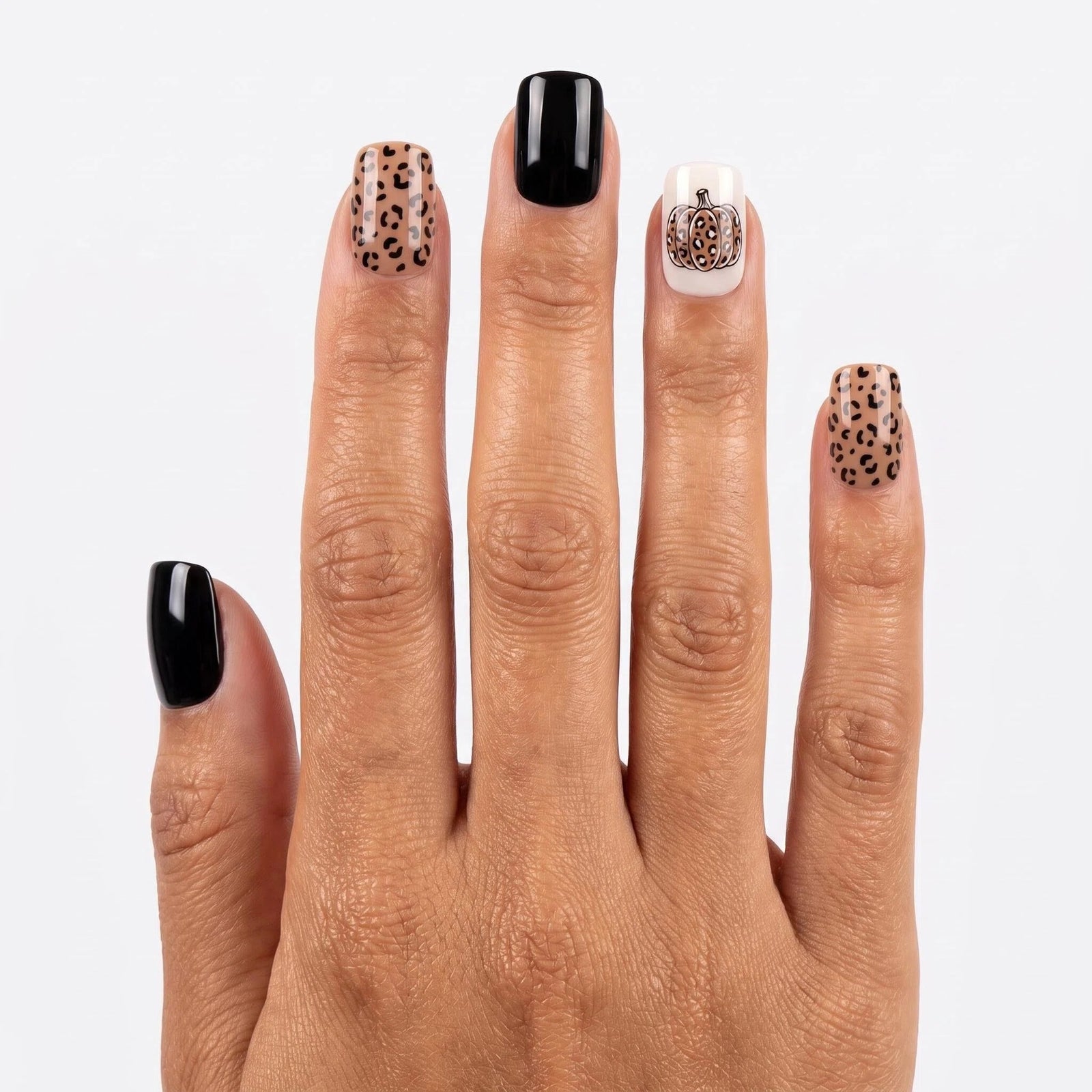 24pcs/Set Autumn Winter Leopard Print Pumpkin Halloween Short Press-On Nails