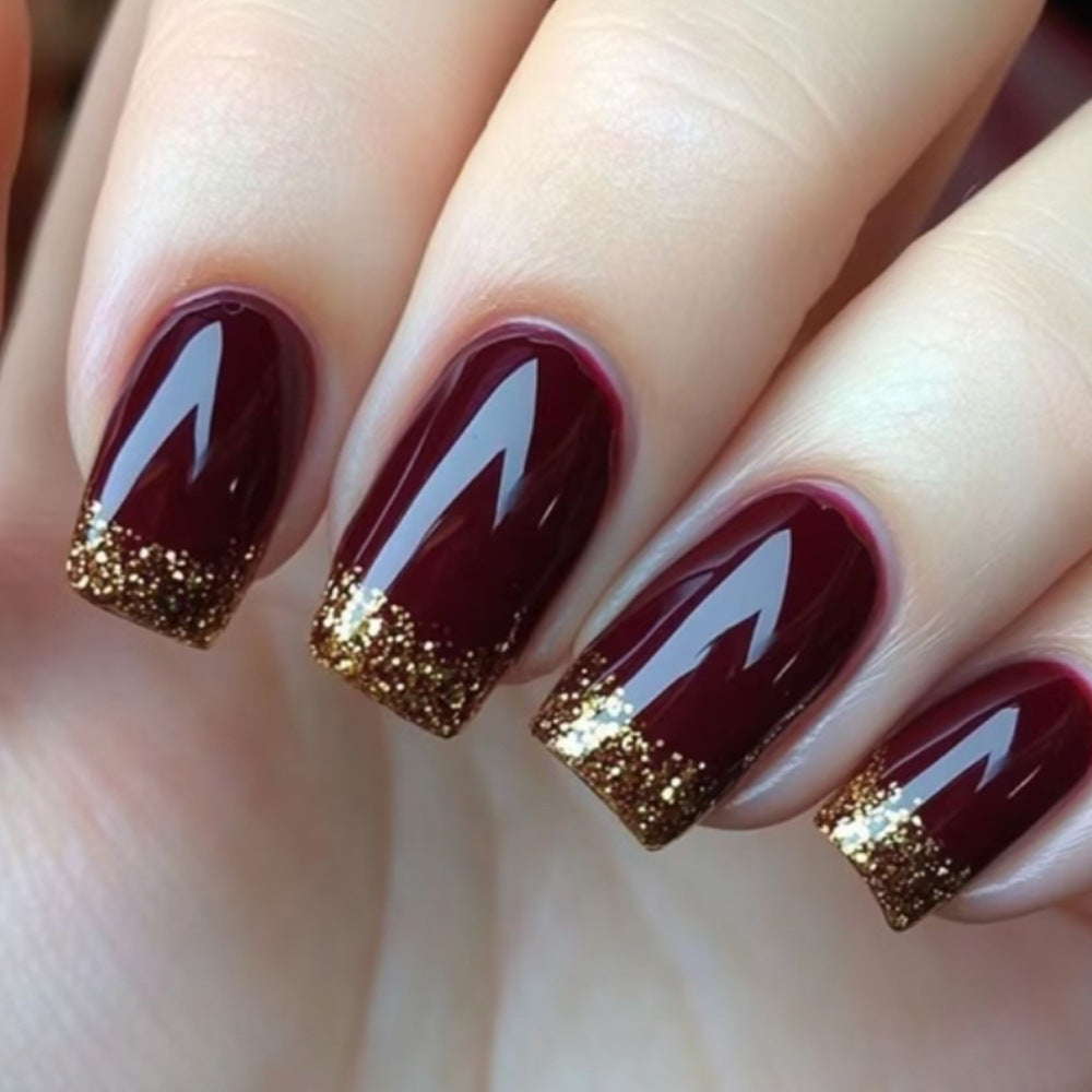 24pcs/Set Burgundy And Gold Glided French Press-On Nails