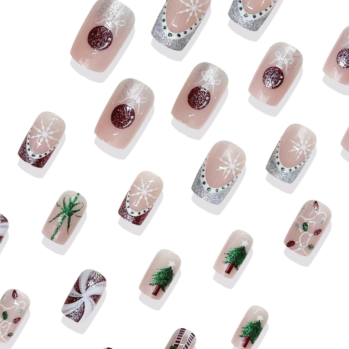 24pcs/Set Glitter French Style LED Christmas Tree Lights Short Press-On Nails