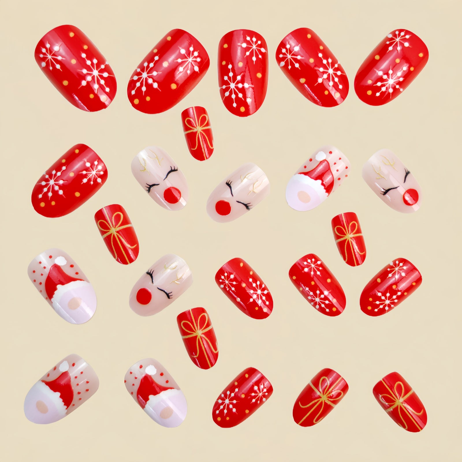 24pcs/Set Christmas Red Reindeer Snowflakes Press-On Nails