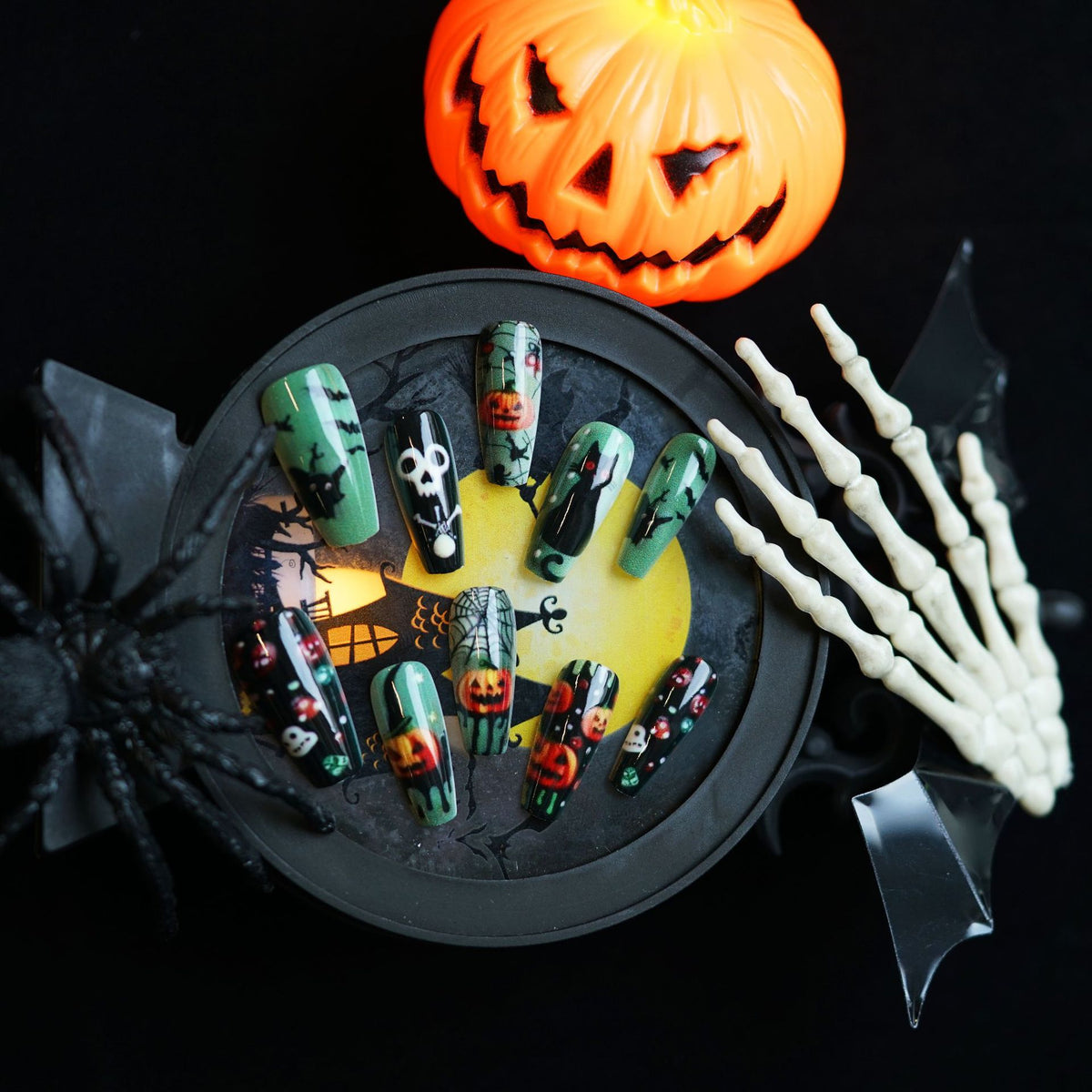 24pcs/Set Halloween Pumpkin Black Ca Bat Press-On Nails