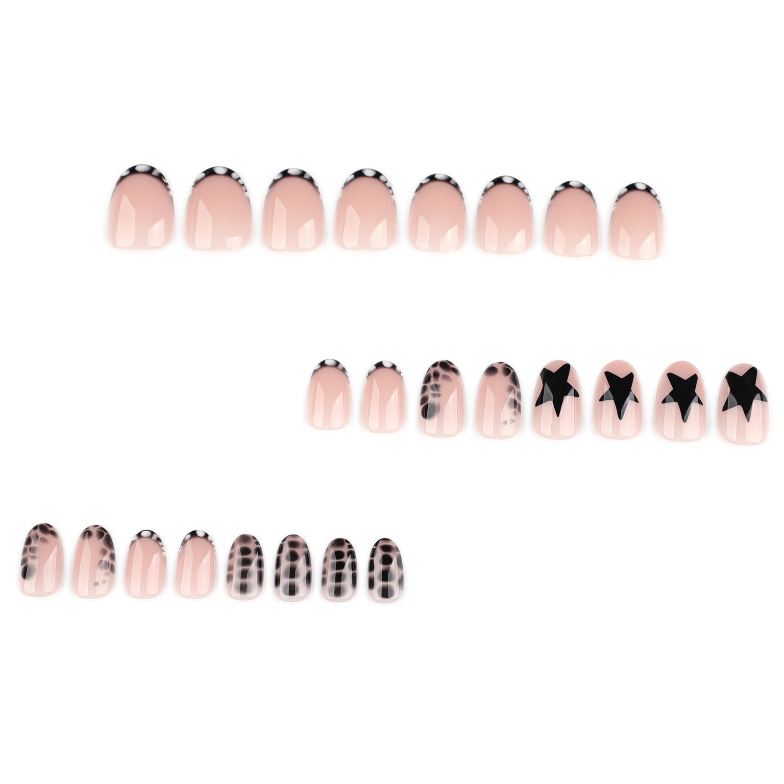 24pcs/Set Black Stars Leopard Cracked Pattern French Short Press-On Nails