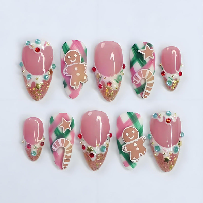 30pcs/Set 3D Christmas Gingerbread Man Cookie Candy Star Press-On Nails