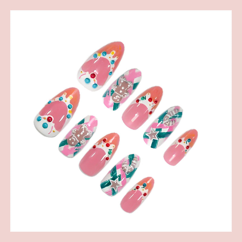 30pcs/Set 3D Christmas Gingerbread Man Cookie Candy Star Press-On Nails