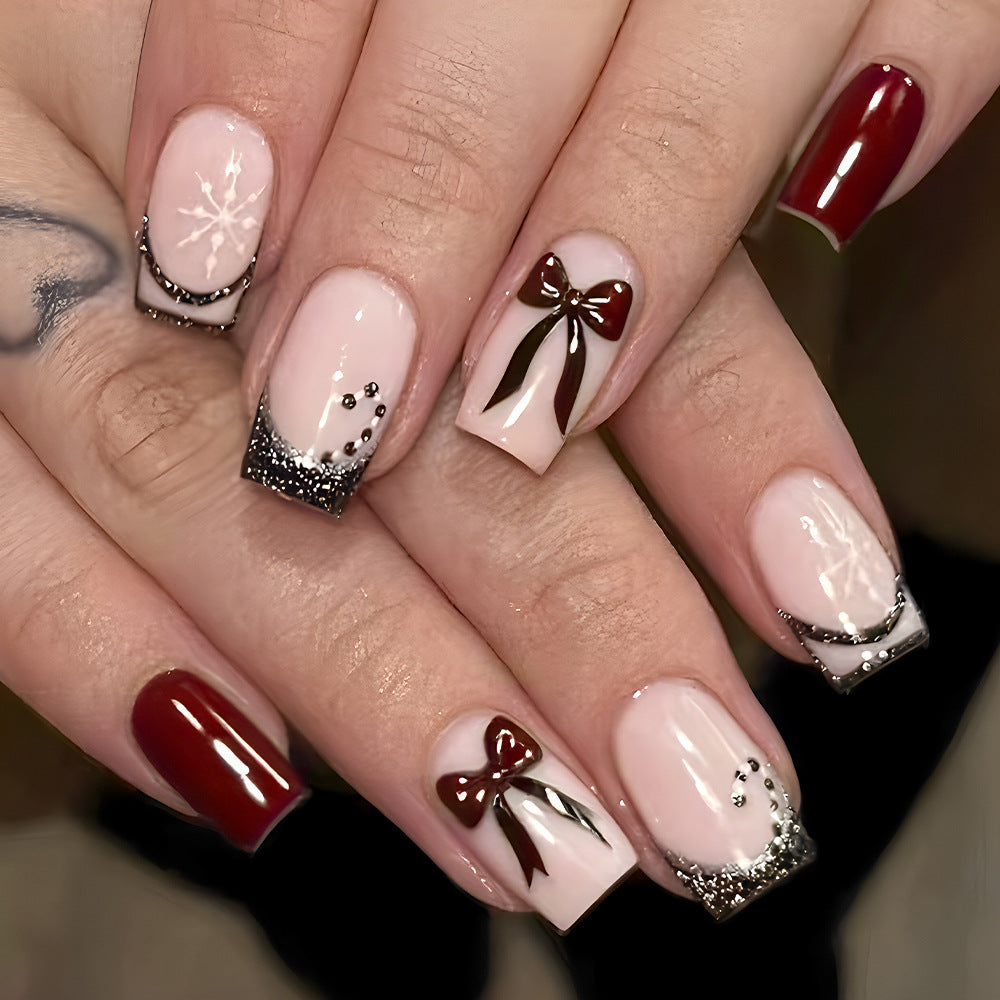 24pcs/Set Christmas Red Bow Snowflakes French Press-On Nails