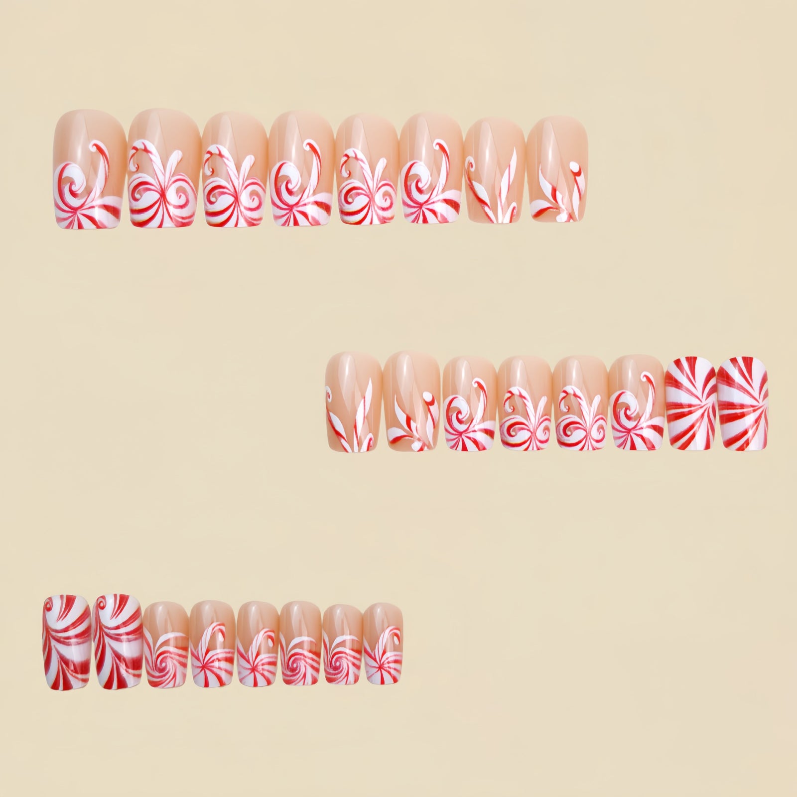 24pcs/Set Nude Stripes Red White Christmas Press-On Nails