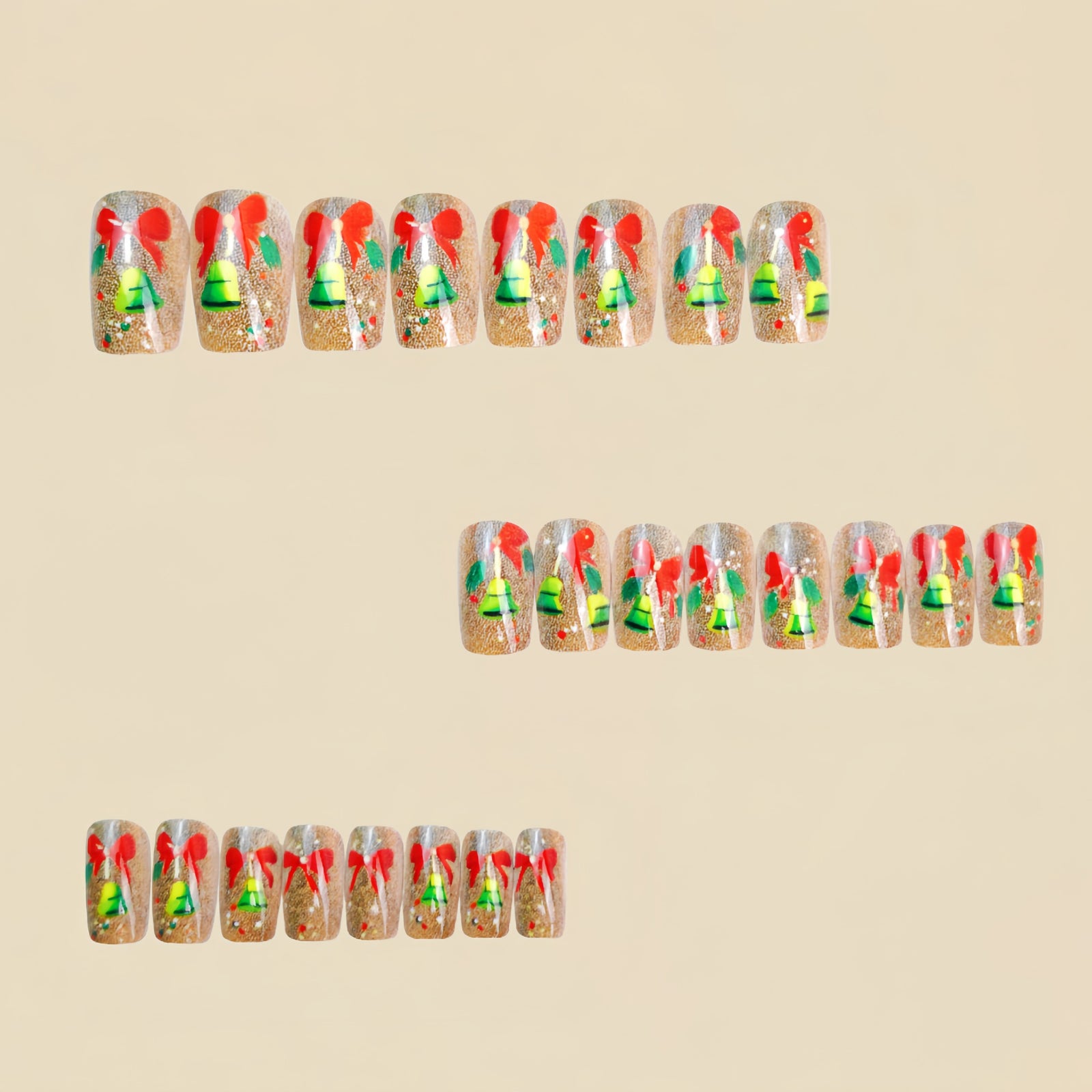 24pcs/Set Christmas Red Bow and Green Bells Press-On Nails