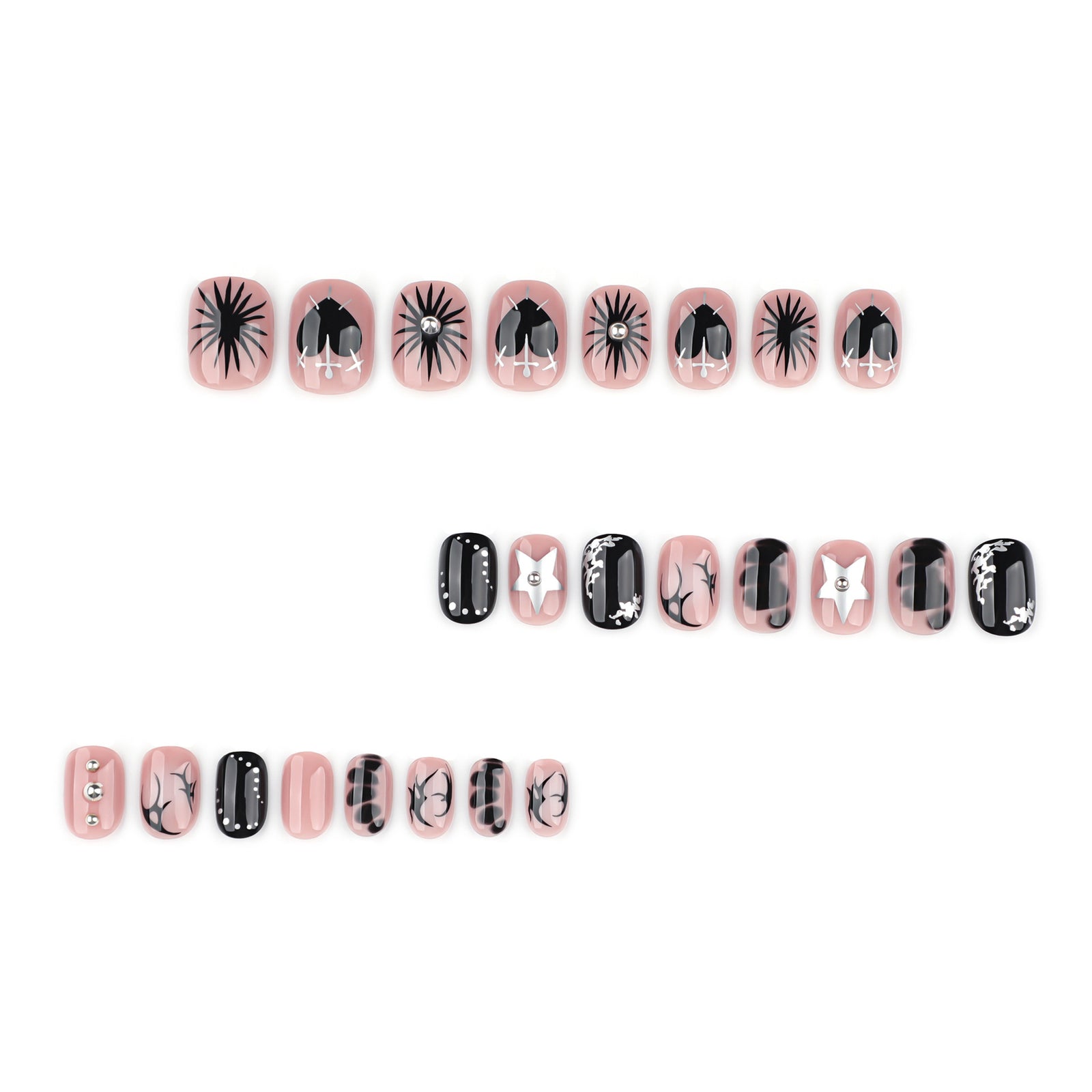 24pcs/Set Gothic Black Hearts and Silver Stars Short Press-On Nails