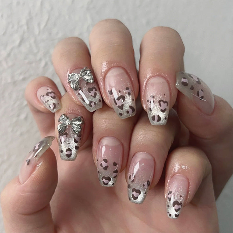 24pcs/Set French Tip Leopard Print Ombre Cat Eye with Bow Short Press-On Nails