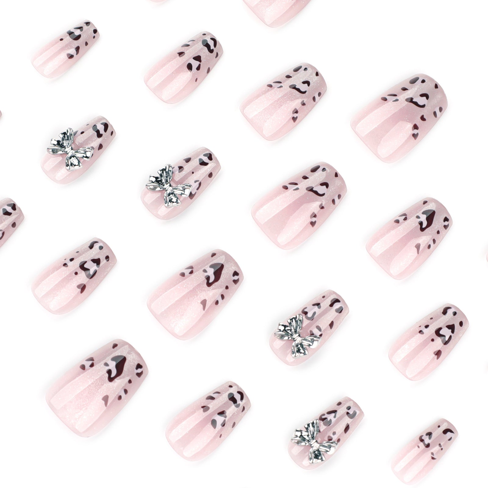 24pcs/Set French Tip Leopard Print Ombre Cat Eye with Bow Short Press-On Nails
