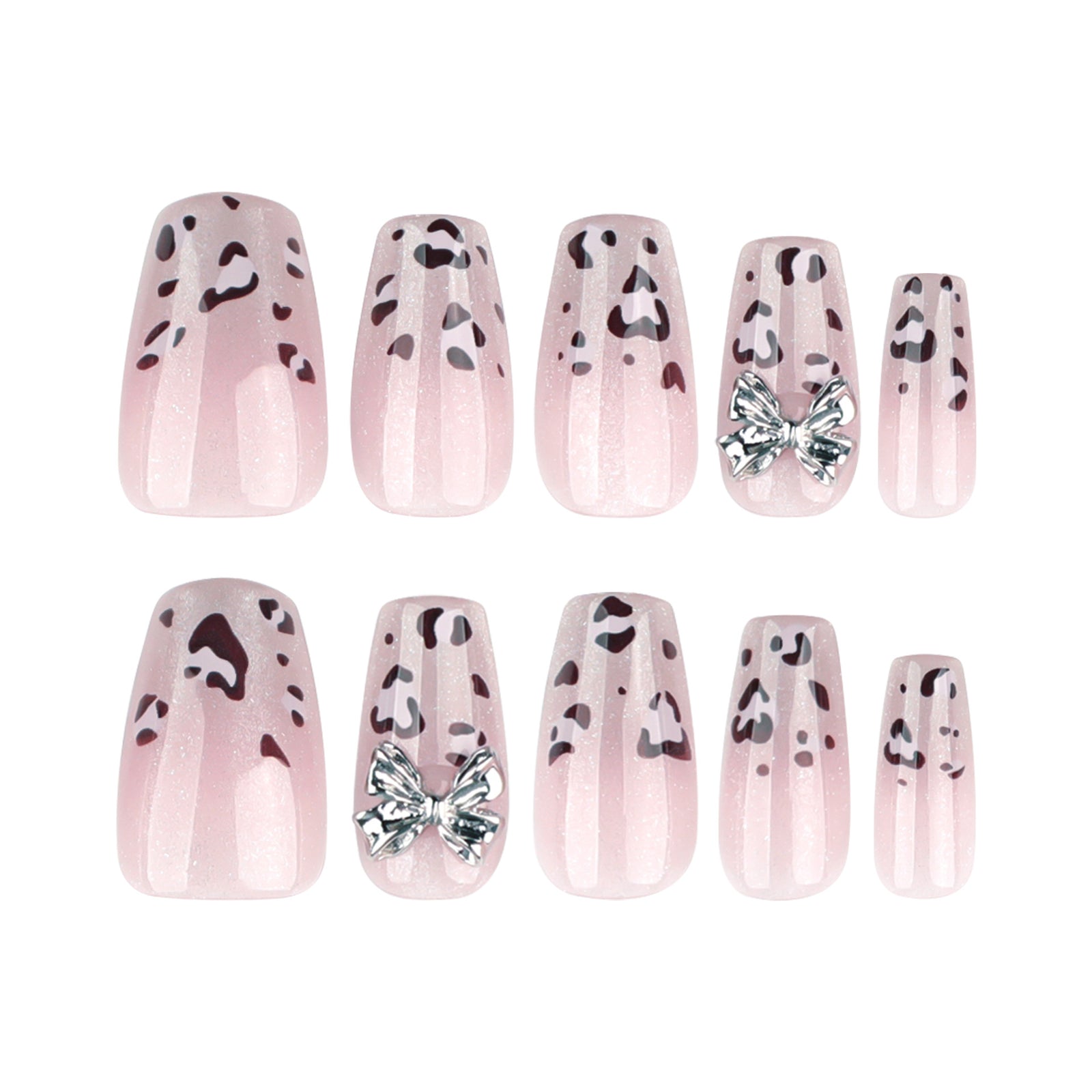 24pcs/Set French Tip Leopard Print Ombre Cat Eye with Bow Short Press-On Nails