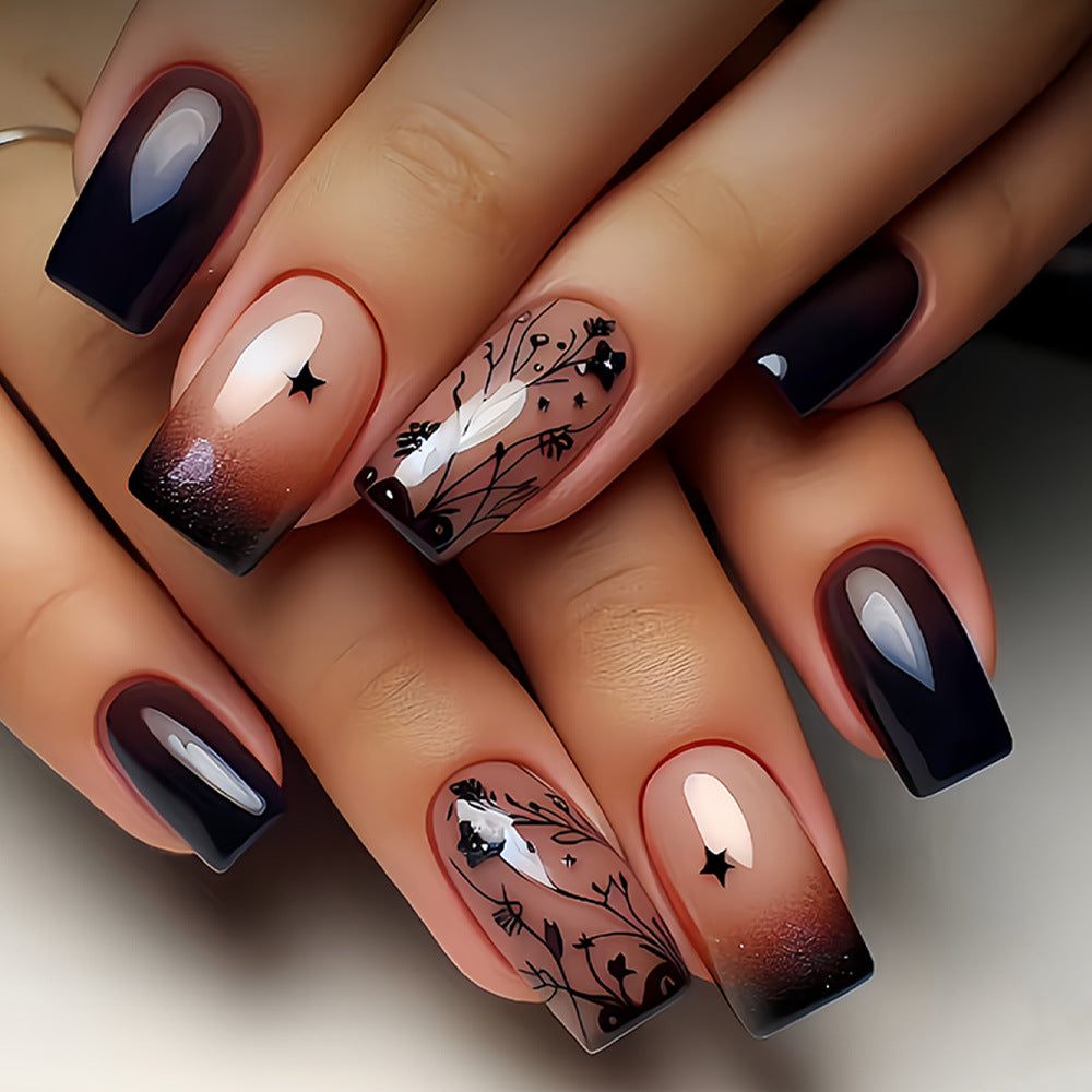 24pcs/Set Autumn-Winter Charcoal Black Glitter French Twigs Press-On Nails