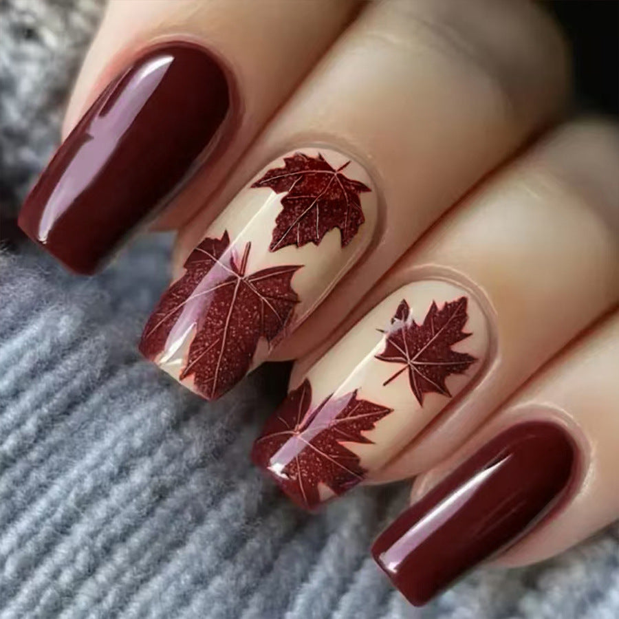 24pcs/Set Autumn-Winter Burgundy Maple Leaf Press-On Nails