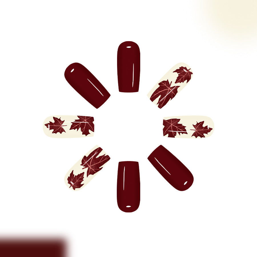 24pcs/Set Autumn-Winter Burgundy Maple Leaf Press-On Nails