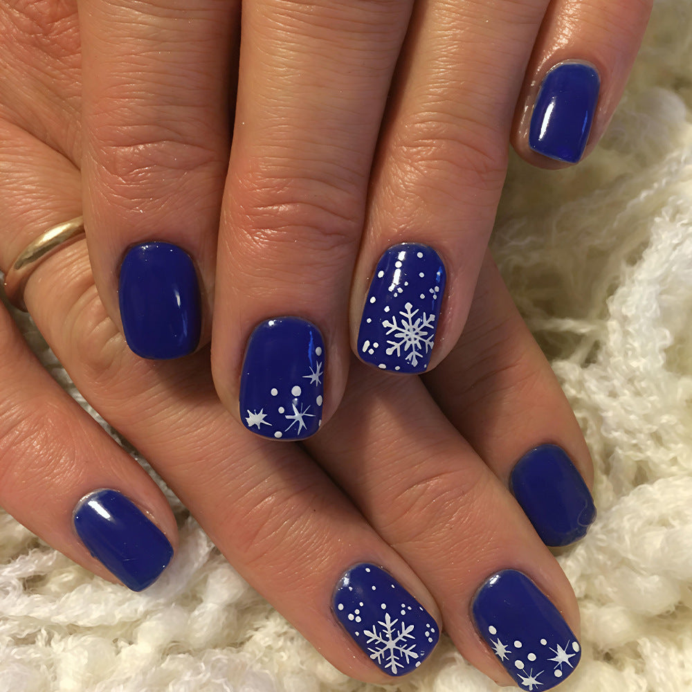 24pcs/Set Royal Blue Glossy Simple Snowflake Short Press-On Nails