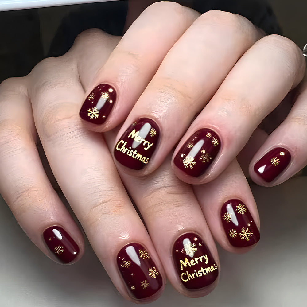 24pcs/Set Burgundy Christmas Snowflake Short Press-On Nails