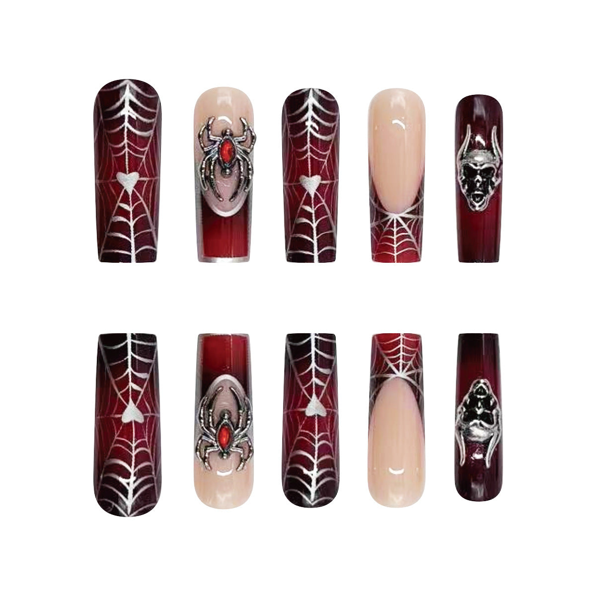 24pcs/Set Halloween Black And Burgundy Gradient Punk Metal Spider Web Press-On Nails