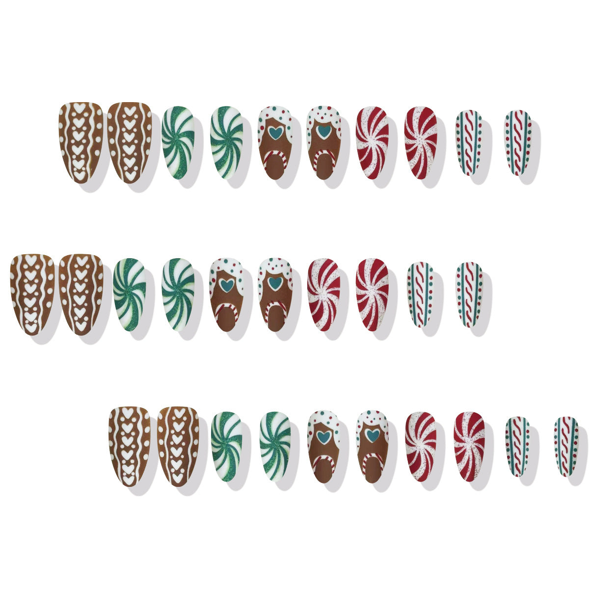 30pcs/Set Christmas Red Green Spiral Stripes & Hearts Press-On Nails