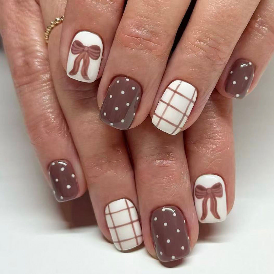 24pcs/Set Short Autumn Winter Brown Bow Plaid White Polka Dots Press-On Nails