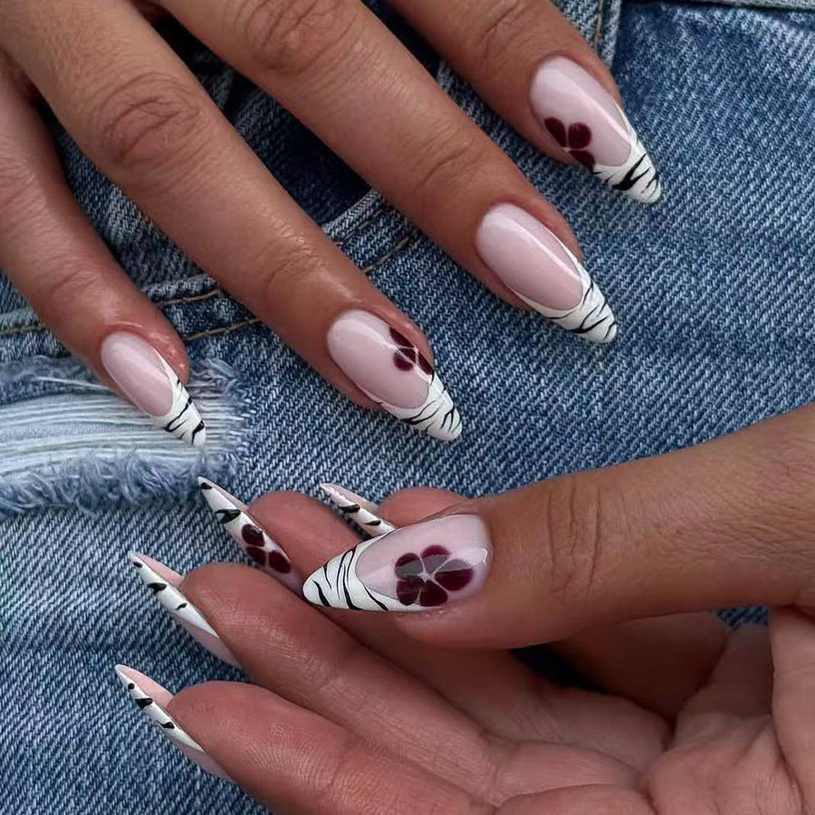 24pcs/Set Black Stripe French With Brown Flowers Press-On Nails