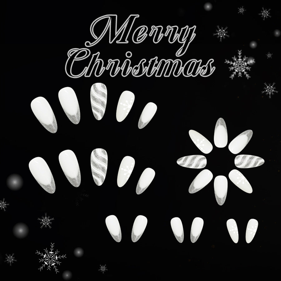 24pcs/Set Christmas French Silver Glitter White Snowflakes Press-On Nails