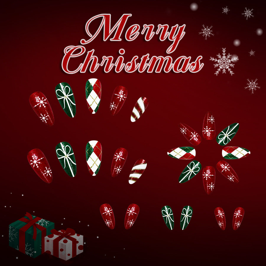 24pcs/Set Pine Christmas Green Plaid Glitter Snowflake Gift Press-On Nails